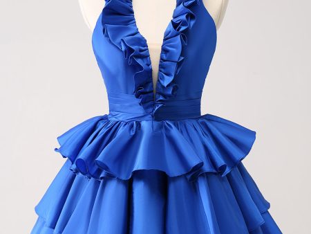 Royal Blue A-Line Halter Tiered Short Homecoming Dress with Ruffles Discount