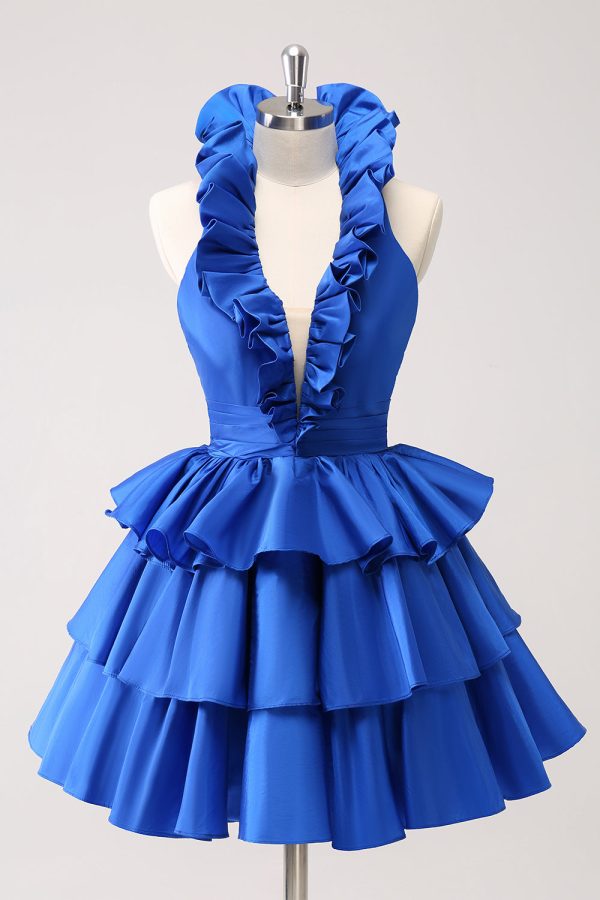 Royal Blue A-Line Halter Tiered Short Homecoming Dress with Ruffles Discount