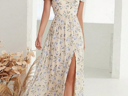 Apricot A-Line Off the Shoulder Floral Long Prom Dress with Slit Fashion