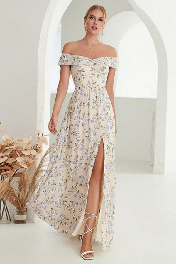 Apricot A-Line Off the Shoulder Floral Long Prom Dress with Slit Fashion