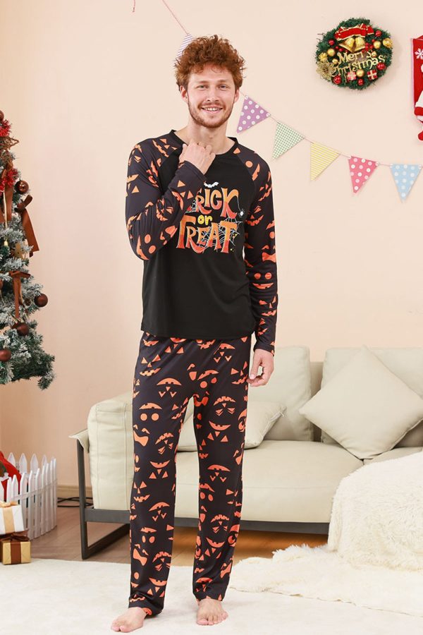 Black Trick or Treat Printed Halloween Family Pajamas Set Online now