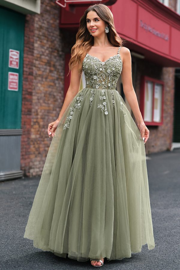 Green A Line Corset Sequin Tulle Long Prom Dress with Lace Up Back Online now