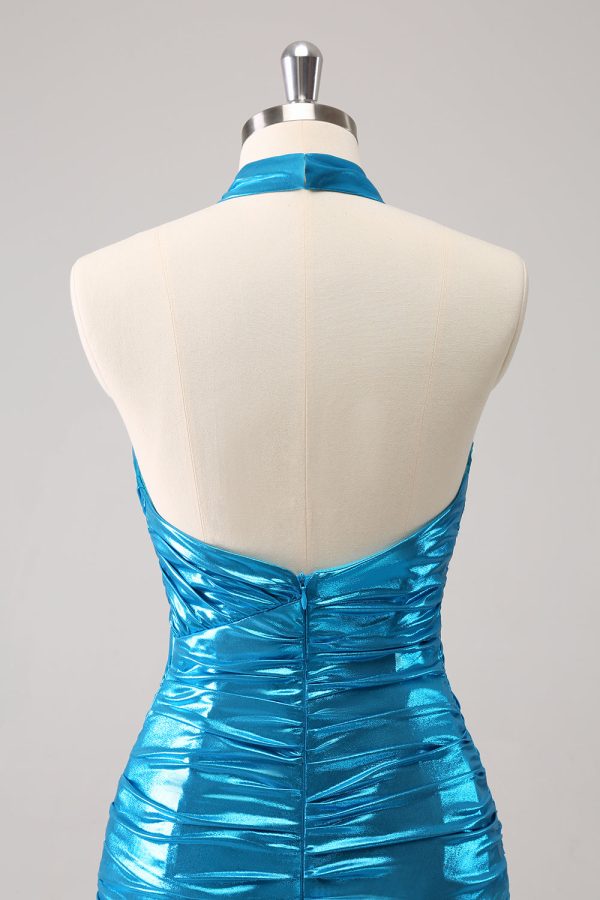 Metallic Tight Halter Backless Satin Blue Homecoming Dress Discount