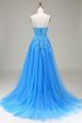 A-Line Spaghetti Straps Blue Tulle Prom Dress With Appliques Online