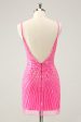 Hot Pink Spaghetti Straps Tight Short Backless Homecoming Dress with Sequins Sale