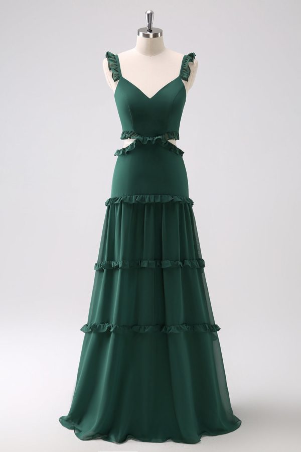 Dark Green A-Line Hollow Out Ruffled Long Bridesmaid Dress Fashion