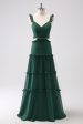 Dark Green A-Line Hollow Out Ruffled Long Bridesmaid Dress Fashion