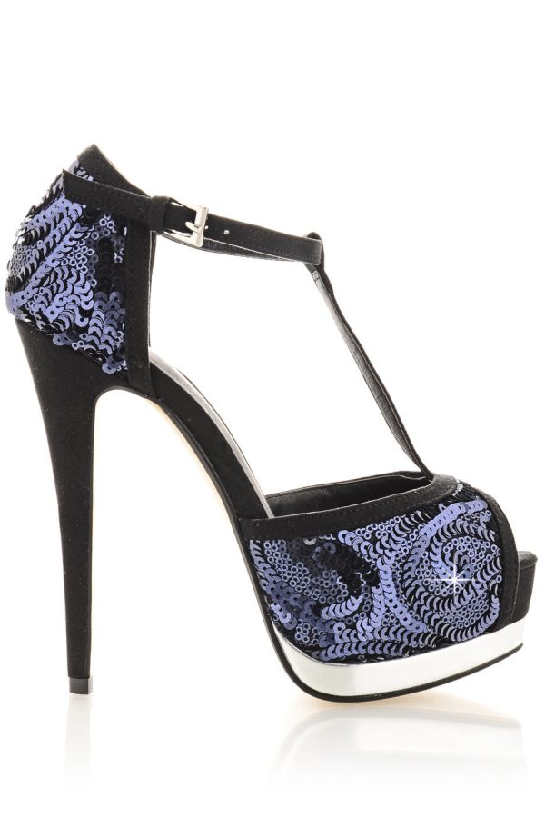 PHYLLIS Dark Blue Sequin Heeled Sandals on Sale