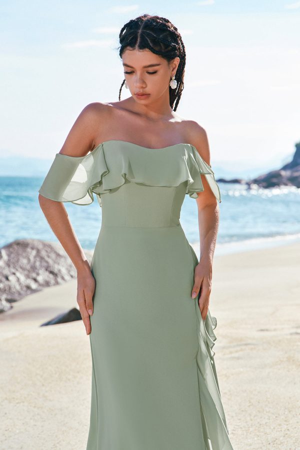 Light Green Mermaid Off the Shoulder Long Bridesmaid Dress with Ruffle Slit Online Hot Sale