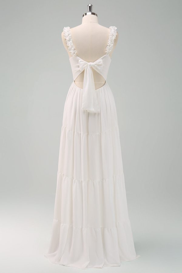 A-Line White Spaghetti Straps Pleated Long Wedding Dress with Bow Fashion