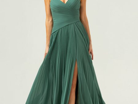 A-Line Spaghetti Straps Pleated Chiffon Eucalyptus Bridesmaid Dress with Slit Sale