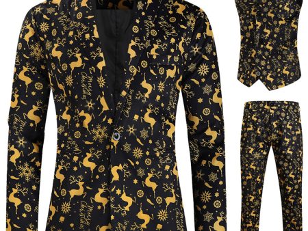 Black 3-Pieces Yellow Elk Printed Men s Christmas Suits Cheap