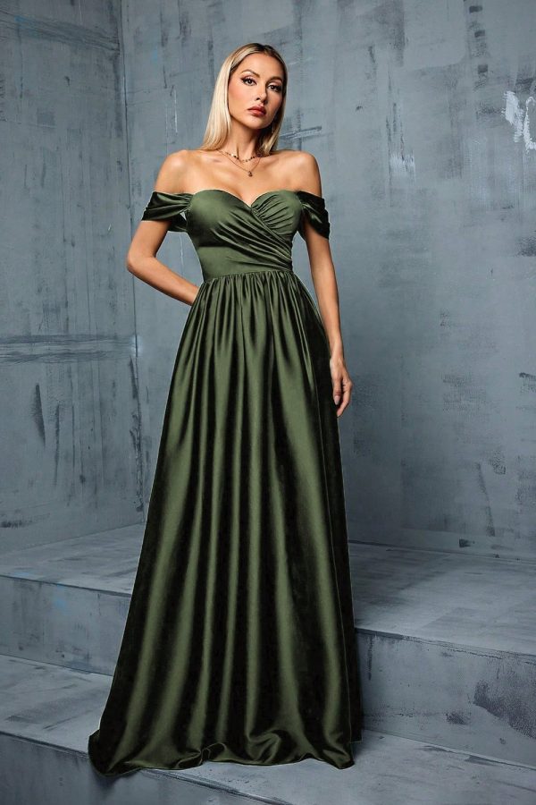 Army Green Off the Shoulder Satin A-Line Long Prom Dress For Sale