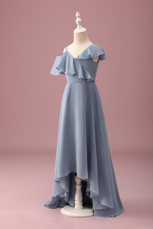 Grey Blue V-Neck A-Line Chiffon High Low Junior Bridesmaid Dress Online