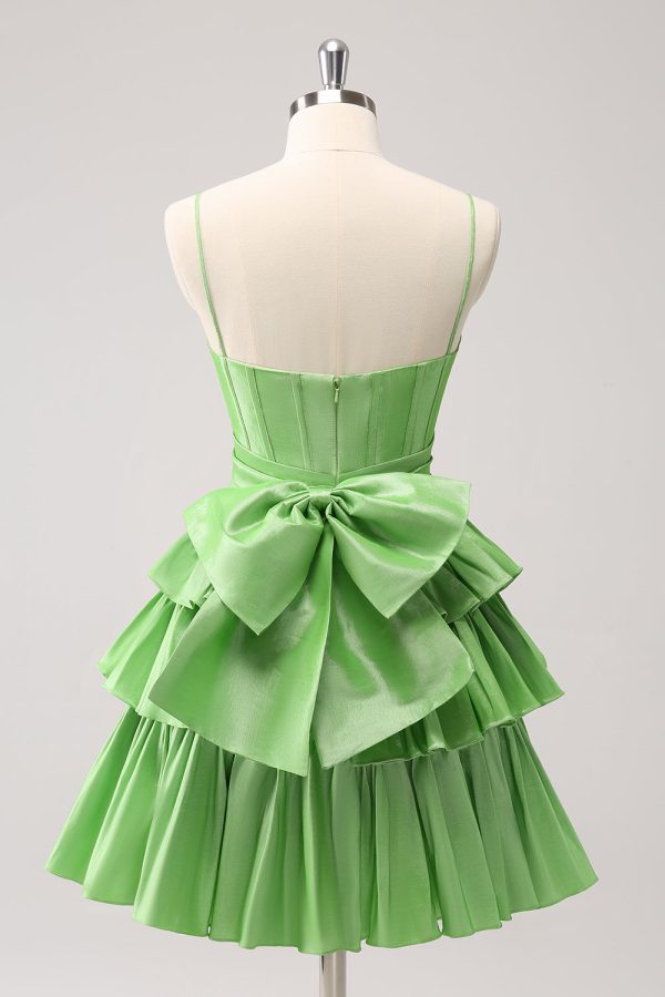 Cute A Line Corset Green Pleated Tiered Short Homecoming Dress with Bows on Sale