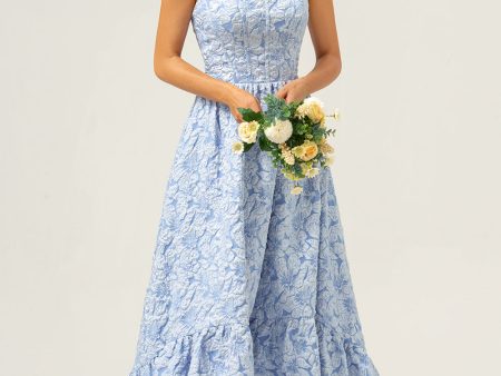 A-Line Blue Floral Strapless High Low Bridesmaid Dress on Sale