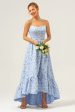 A-Line Blue Floral Strapless High Low Bridesmaid Dress on Sale