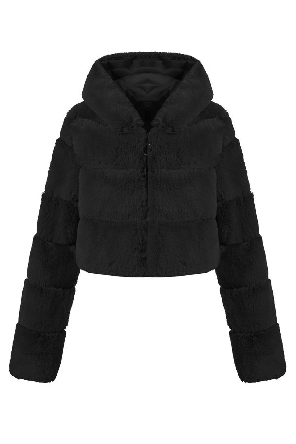 Black Fluffy Faux Fur Zip Up Short Coat Online