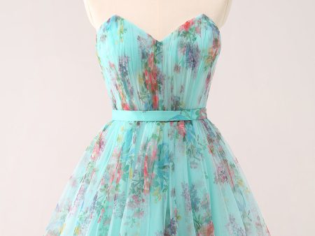 Fluffy Strapless Green Floral Short Homecoming Dress Online Hot Sale