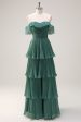 Eucalyptus A Line Off the Shoulder Tiered  Pleated Long Bridesmaid Dress with Slit Cheap