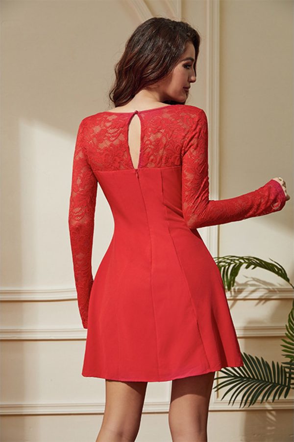 Red A-Line Lace Long Sleeves Short Party Dress Sale