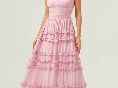 Blush A-Line Ruffled Chiffon Long Bridesmaid Dress with Open Back For Sale