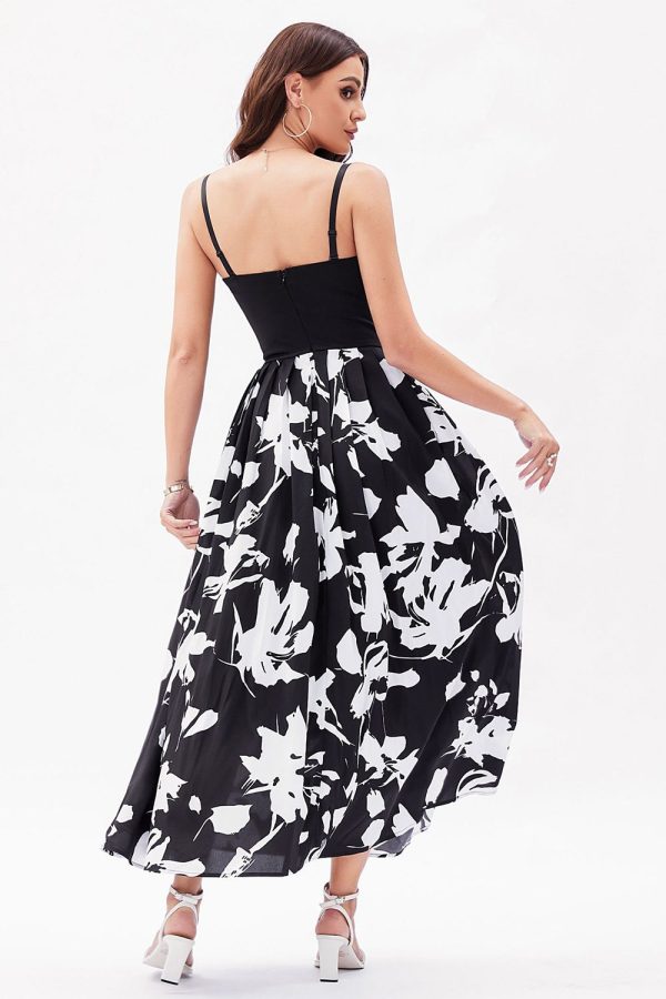 Black White Flower Printed A-Line Spaghetti Straps Party Dress For Sale