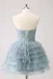 Blue A Line Tiered Dotted Strapless Homecoming Dress with Bows For Sale