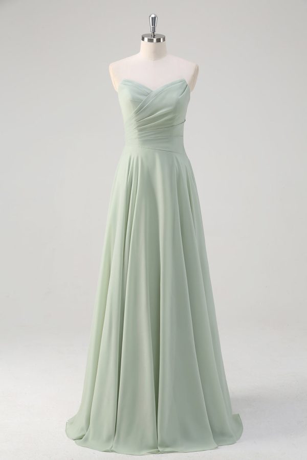 Matcha A Line Strapless Ruched Chiffon Long Bridesmaid Dress Discount