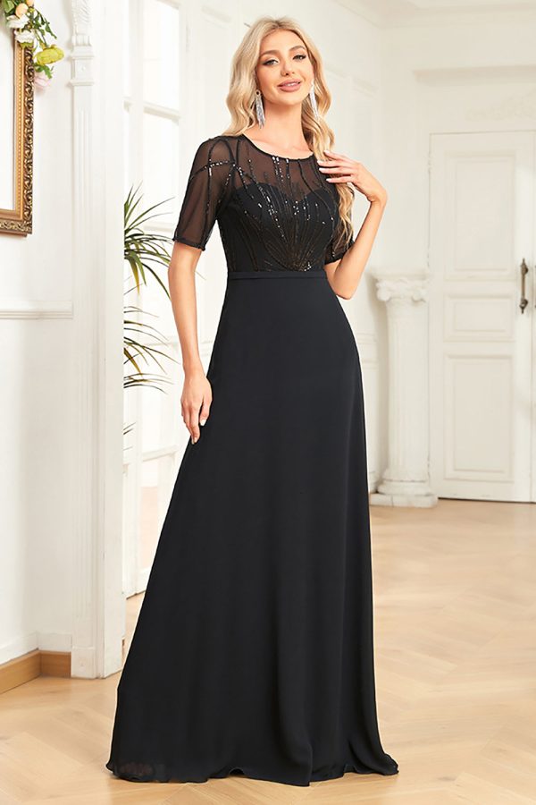 Black Chiffon Half Sleeves Round Neck Appliques A Line Mother of the Bride Dress For Discount