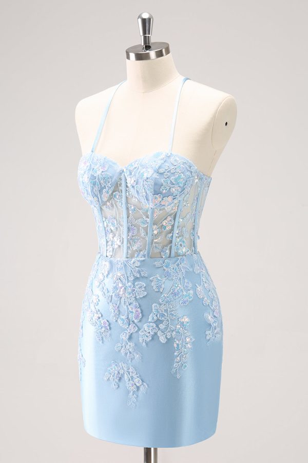 Blue Spaghetti Straps Corset Applique Tight Homecoming Dress with Sequins For Discount