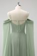 Light Green Cold Shoulder Detachable Sleeves A-Line Chiffon Long Bridesmaid Dress Online Hot Sale