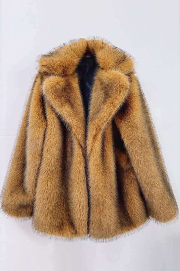 Fluffy Brown Notched Lapel Faux Fur Coat on Sale