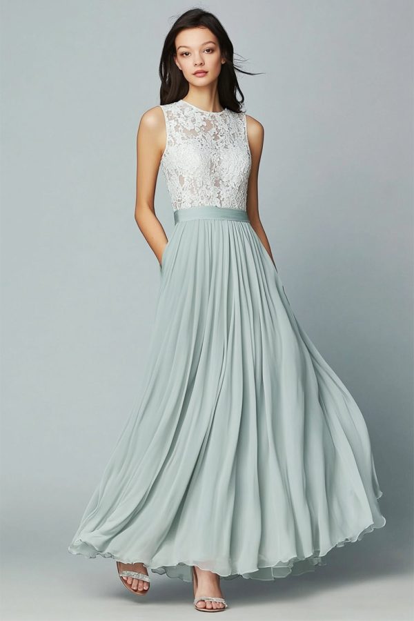 Dusty Sage Lace Chiffon A Line Bridesmaid Dress Online Sale