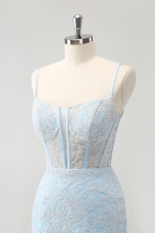 Light Blue Bodycon Spaghetti Straps Corset Homceoming Dress with Sequins Sale