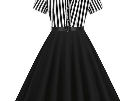 A Line Black Stripe 1950s Dress with Short Sleeves For Sale