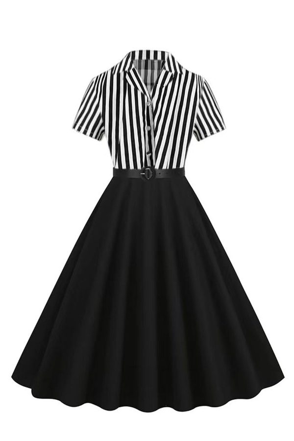 A Line Black Stripe 1950s Dress with Short Sleeves For Sale