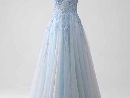 A-Line Spaghetti Straps Grey Blue Prom Dress with Beading Online Hot Sale