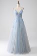 A-Line Spaghetti Straps Grey Blue Prom Dress with Beading Online Hot Sale