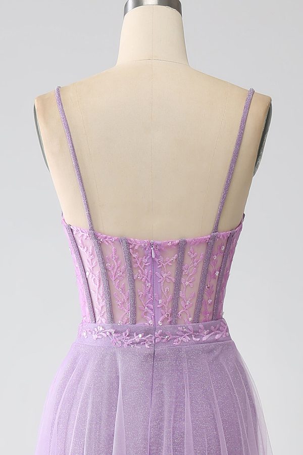 A-Line Lilac Spaghetti Straps Long Corset Prom Dress Sale