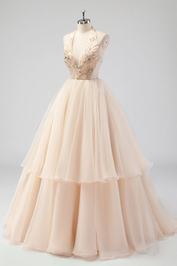 A Line Tiered Champagne Halter Beaded Formal Dress Hot on Sale