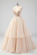 A Line Tiered Champagne Halter Beaded Formal Dress Hot on Sale