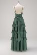 Eucalyptus A-Line Spaghetti Straps Tiered Chiffon Long Bridesmaid Dress Fashion