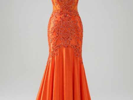 Orange Mermaid Spaghetti Straps Beaded Long Prom Dress Supply