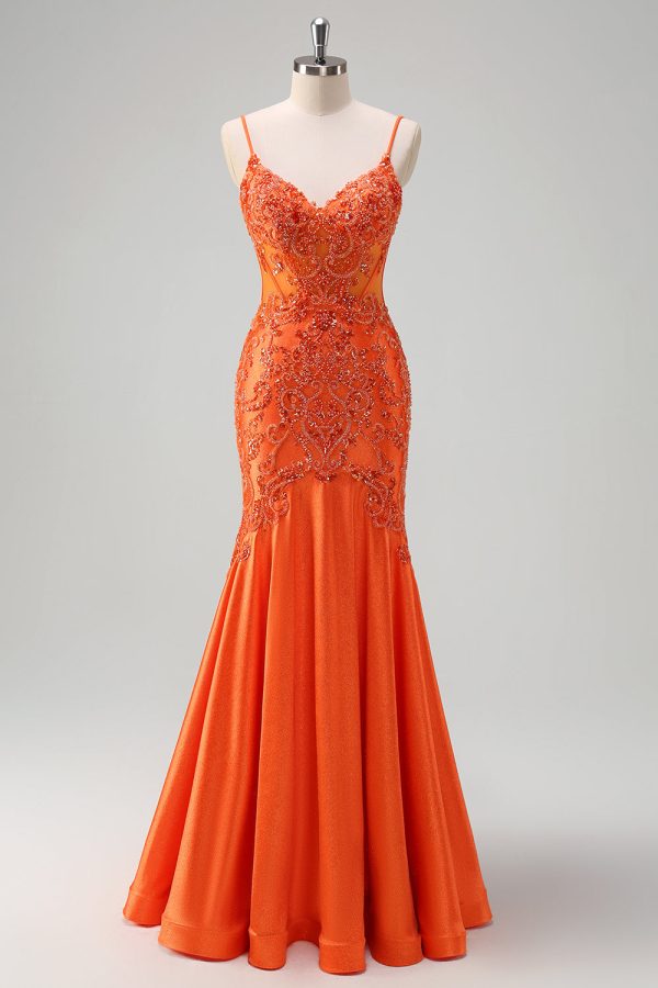 Orange Mermaid Spaghetti Straps Beaded Long Prom Dress Supply