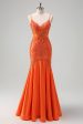 Orange Mermaid Spaghetti Straps Beaded Long Prom Dress Supply