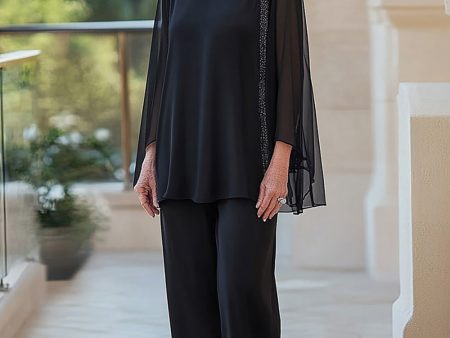 Black Round Neck Chiffon Long Sleeves 2 Pieces Mother of the Bride Pant Suits For Cheap