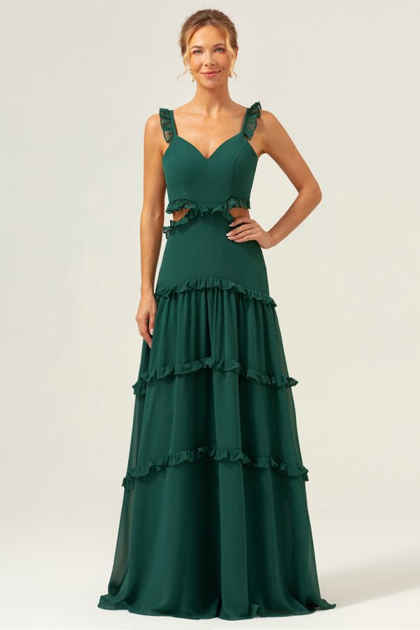 Dark Green A-Line Chiffon Ruffled Long Bridesmaid Dress with Hollow Out Supply