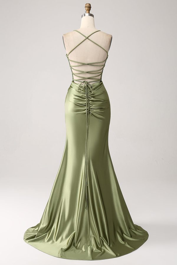 Army Green Mermaid Cowl Neckline Sequin Long Prom Dress With Slit For Cheap