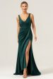 Dark Green Sheath V Neck Ruched High-Low Bridesmaid Dress with Slit Hot on Sale